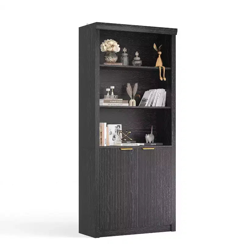Scaffale alto e libreria, libreria larga 80 cm con cassetto e ante, libreria rustica con contenitore, mobile in legno con 5 ripiani espositivi