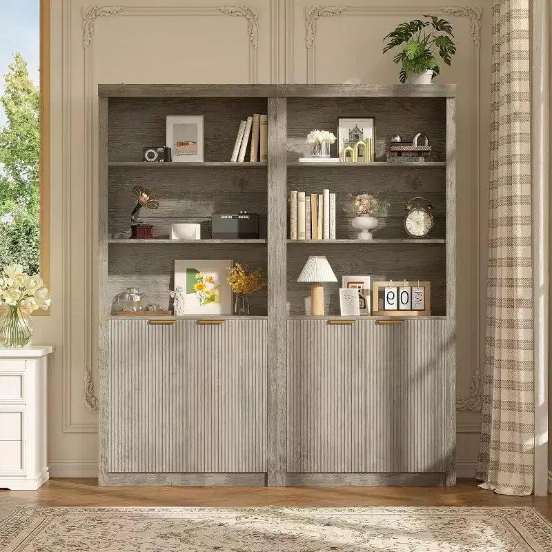 Scaffale alto e libreria, libreria larga 80 cm con cassetto e ante, libreria rustica con contenitore, mobile in legno con 5 ripiani espositivi
