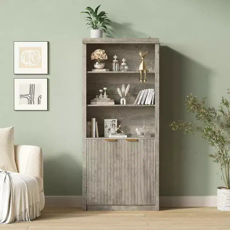Scaffale alto e libreria, libreria larga 80 cm con cassetto e ante, libreria rustica con contenitore, mobile in legno con 5 ripiani espositivi