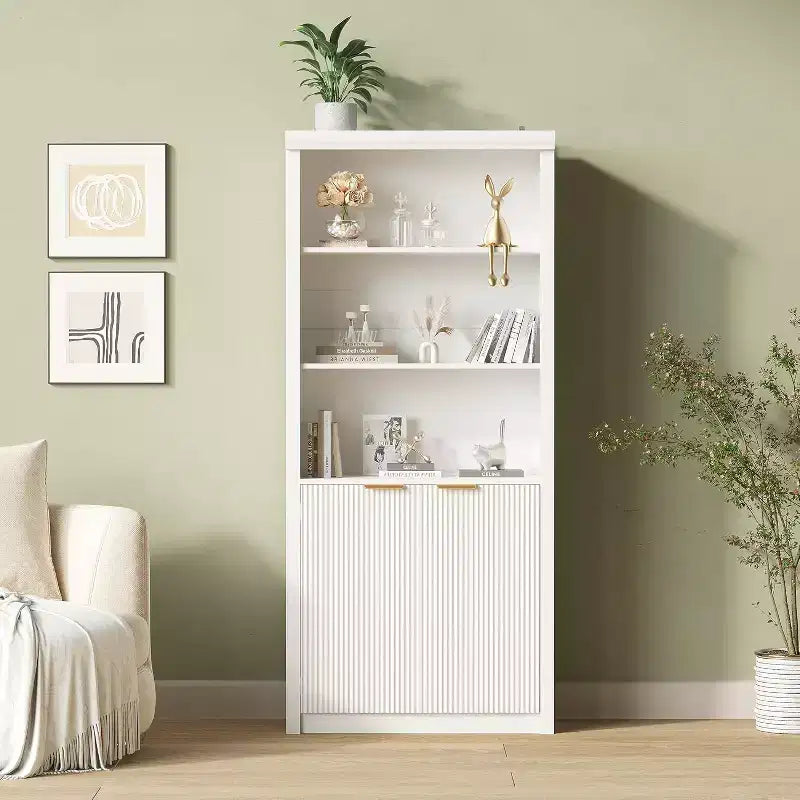 Scaffale alto e libreria, libreria larga 80 cm con cassetto e ante, libreria rustica con contenitore, mobile in legno con 5 ripiani espositivi