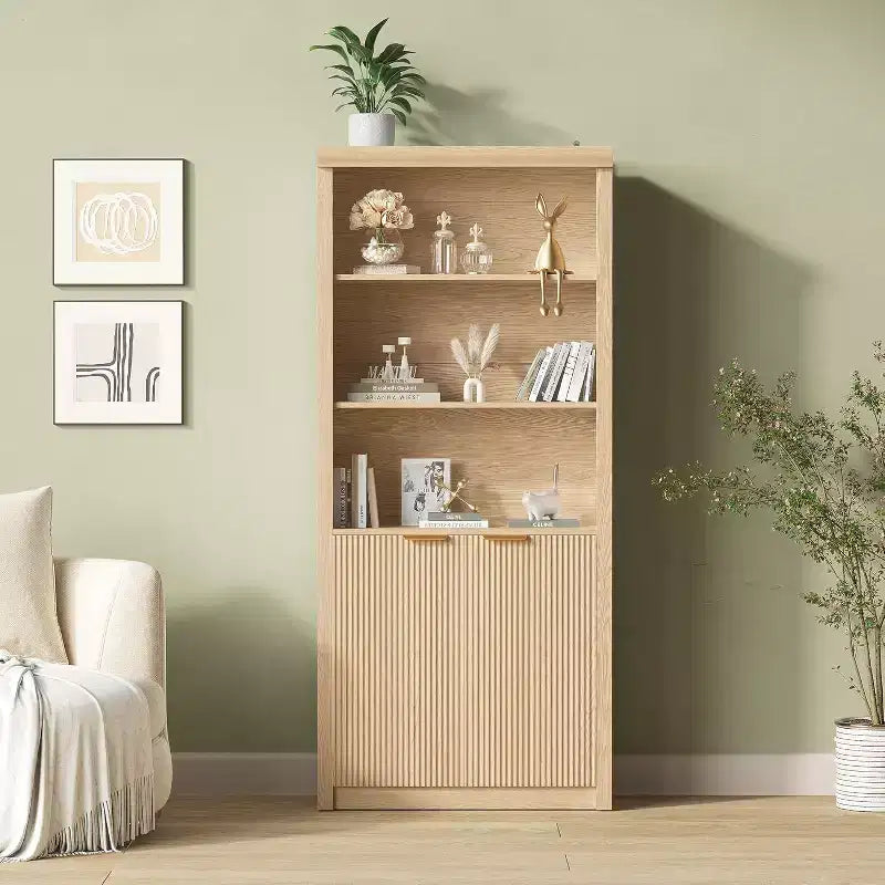 Scaffale alto e libreria, libreria larga 80 cm con cassetto e ante, libreria rustica con contenitore, mobile in legno con 5 ripiani espositivi