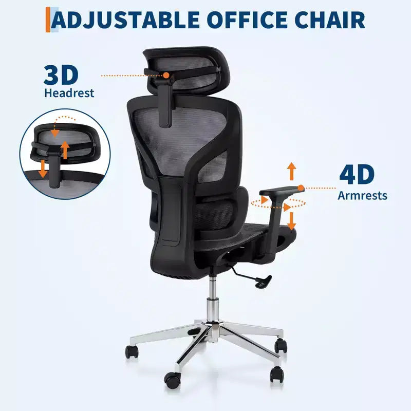 Sedia da Ufficio Ergonomica in Rete con Schienale Alto, Braccioli Regolabili 3D, Ruote Silenziose, Sedia da Scrivania Traspirante per Lunghe Ore di Lavoro, Studio