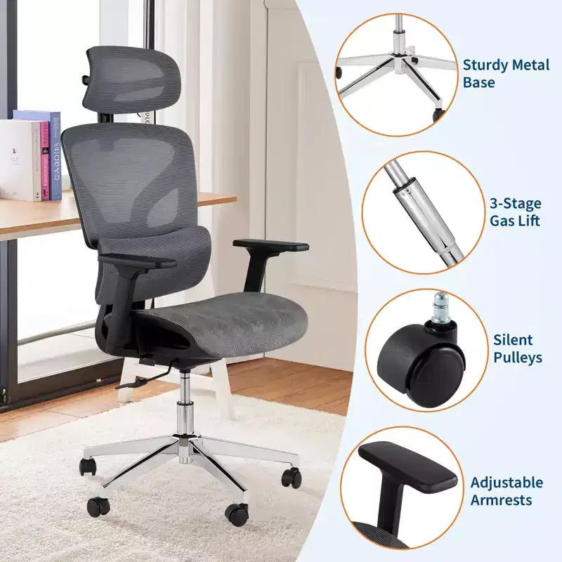 Sedia da Ufficio Ergonomica in Rete con Schienale Alto, Braccioli Regolabili 3D, Ruote Silenziose, Sedia da Scrivania Traspirante per Lunghe Ore di Lavoro, Studio