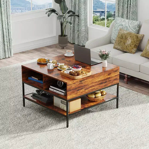31.5in Square Flip-Top Coffee Table with Hidden Compartment & Black Metal for Living Room, Lift-Top Design End Table, Easy Assembly, Dark Walnut