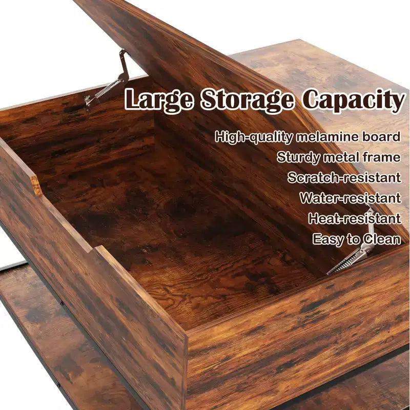 Tavolino quadrato con ripiano a ribalta da 80 cm con vano nascosto e struttura in metallo nero per soggiorno, tavolino ad altezza regolabile, facile da montare, noce scuro