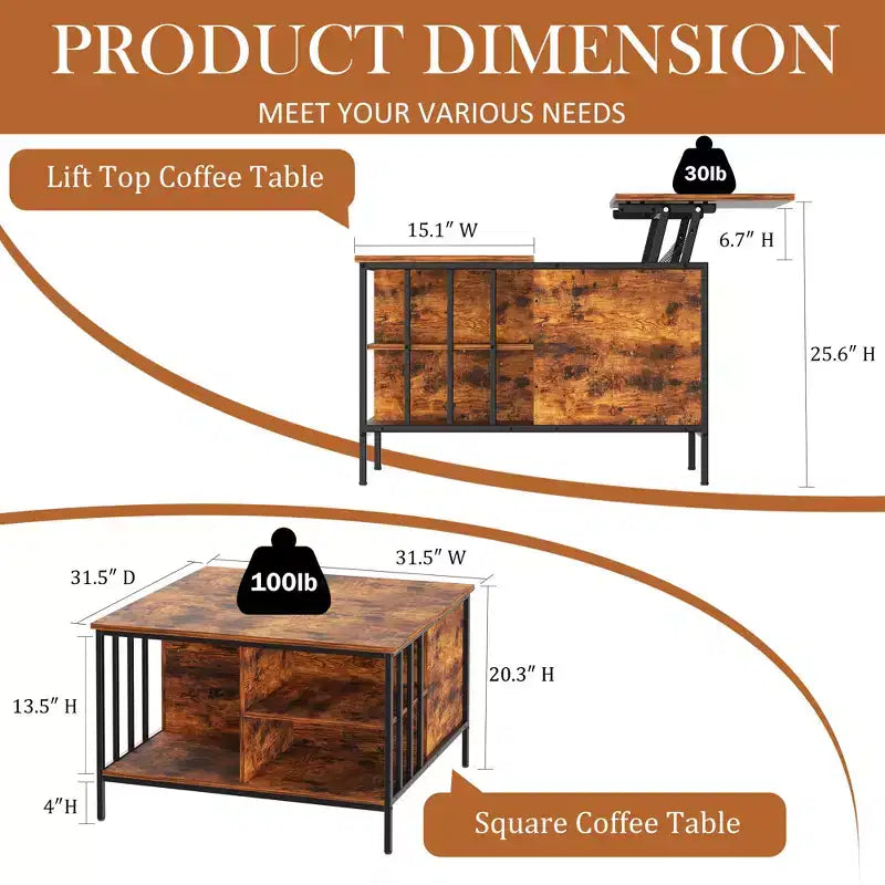 Tavolino da caffè sollevabile da cascina con vano nascosto e 3 ripiani, altezza regolabile, tavolino centrale multifunzione per soggiorno, capacità 50 kg