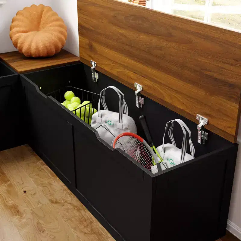 Panca angolare nera a L con organizer a ribalta per scarpe e oggetti per ingresso o stanza