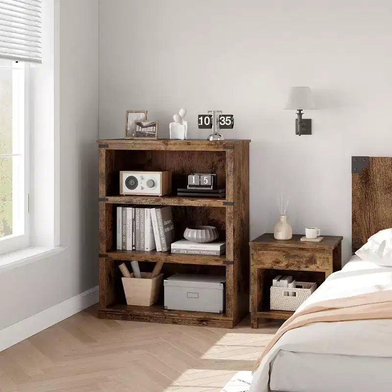 Libreria a 3 ripiani rustica: Scaffale basso in legno con contenitore aperto per soggiorno, ufficio o camera da letto, per esporre e organizzare.
