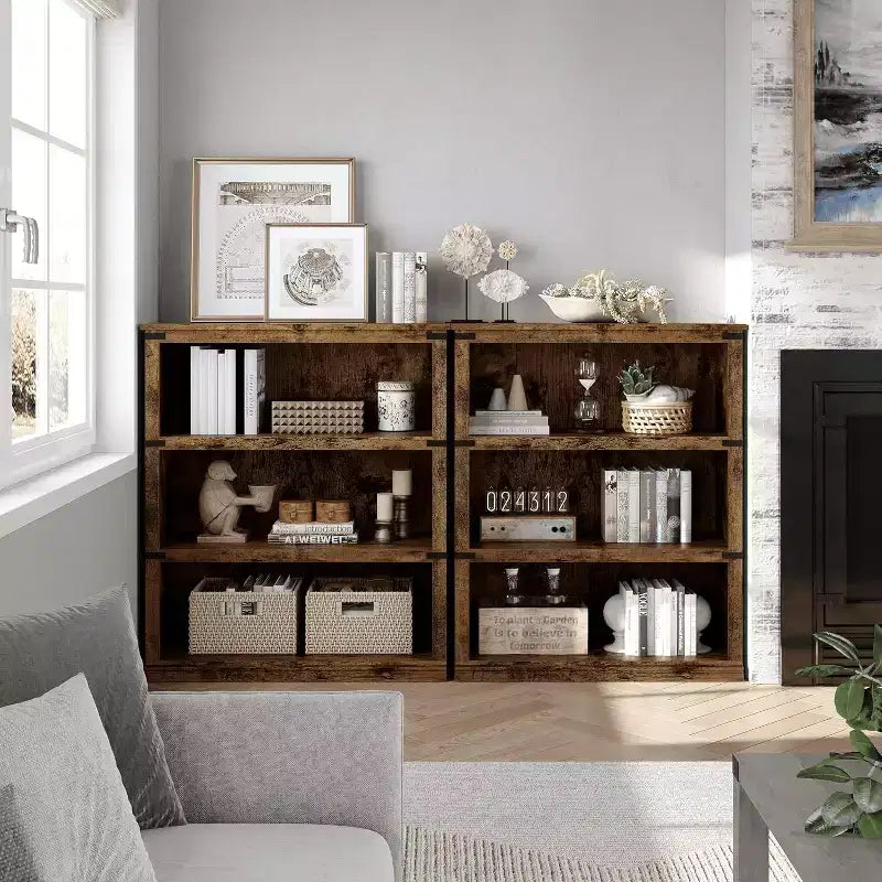 Libreria a 3 ripiani rustica: Scaffale basso in legno con contenitore aperto per soggiorno, ufficio o camera da letto, per esporre e organizzare.