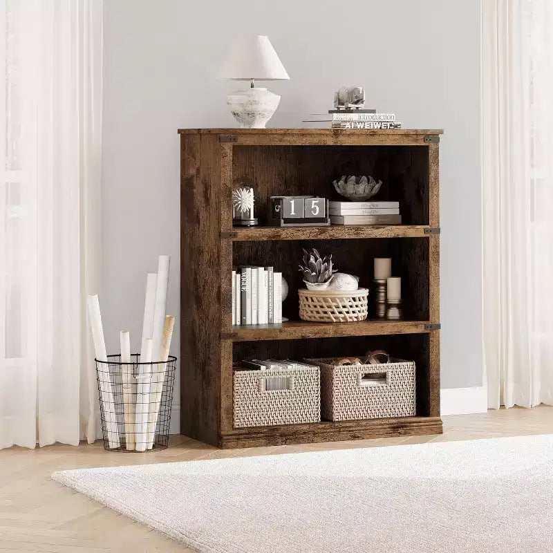 Libreria a 3 ripiani rustica: Scaffale basso in legno con contenitore aperto per soggiorno, ufficio o camera da letto, per esporre e organizzare.