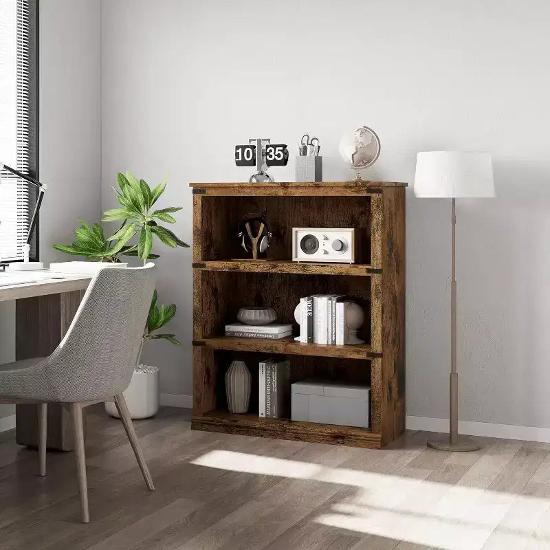 Libreria a 3 ripiani rustica: Scaffale basso in legno con contenitore aperto per soggiorno, ufficio o camera da letto, per esporre e organizzare.