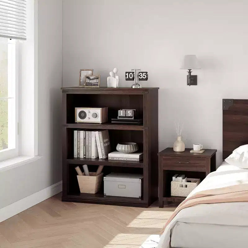 Libreria a 3 ripiani rustica: Scaffale basso in legno con contenitore aperto per soggiorno, ufficio o camera da letto, per esporre e organizzare.