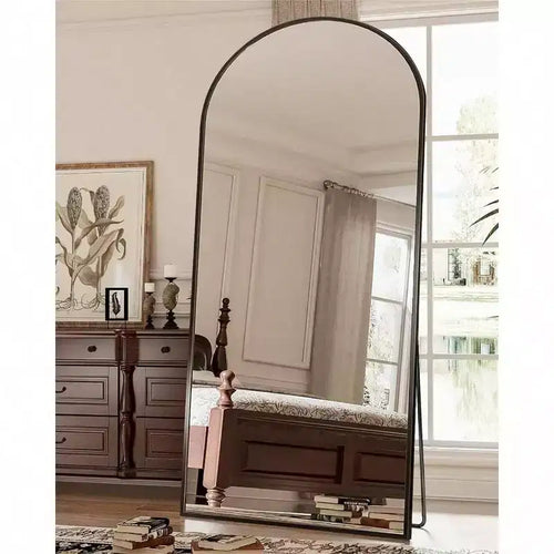 Specchio ad arco nero 71x28 con supporto. A figura intera per uso a parete o a terra in camera da letto, soggiorno