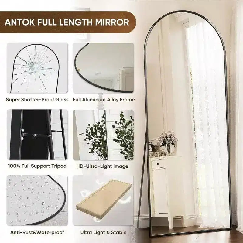 Specchio ad arco nero 71x28 con supporto. A figura intera per uso a parete o a terra in camera da letto, soggiorno