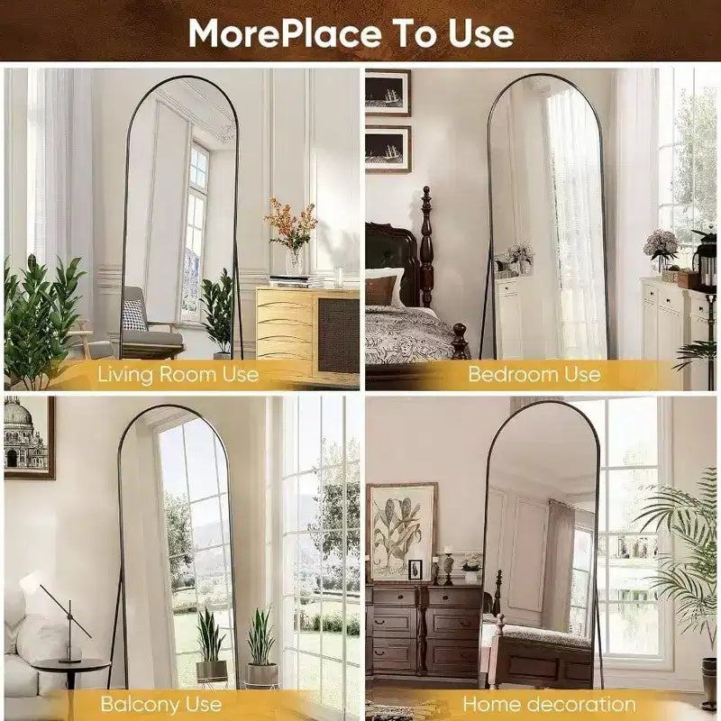 Specchio ad arco nero 71x28 con supporto. A figura intera per uso a parete o a terra in camera da letto, soggiorno