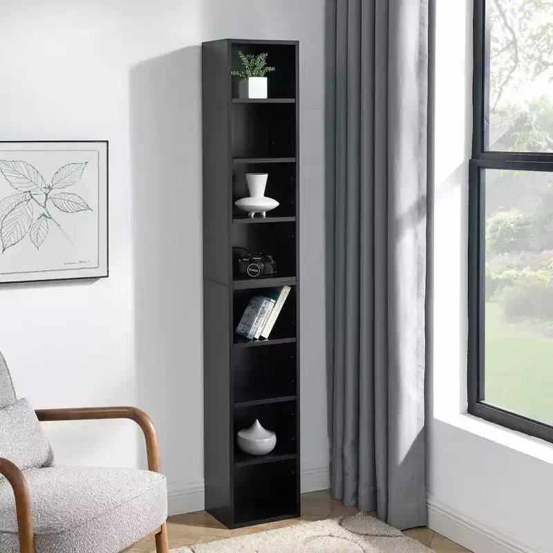 Torre multimediale a 8 ripiani, armadietto sottile per CD/DVD con ripiani regolabili, libreria espositiva alta e stretta per casa e ufficio