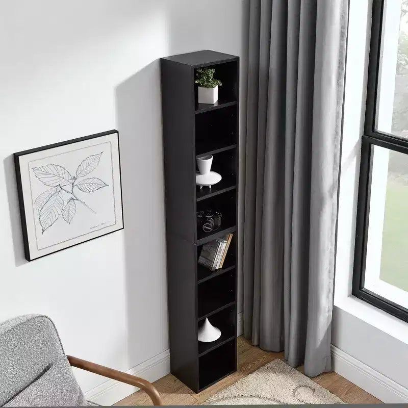 Torre multimediale a 8 ripiani, armadietto sottile per CD/DVD con ripiani regolabili, libreria espositiva alta e stretta per casa e ufficio