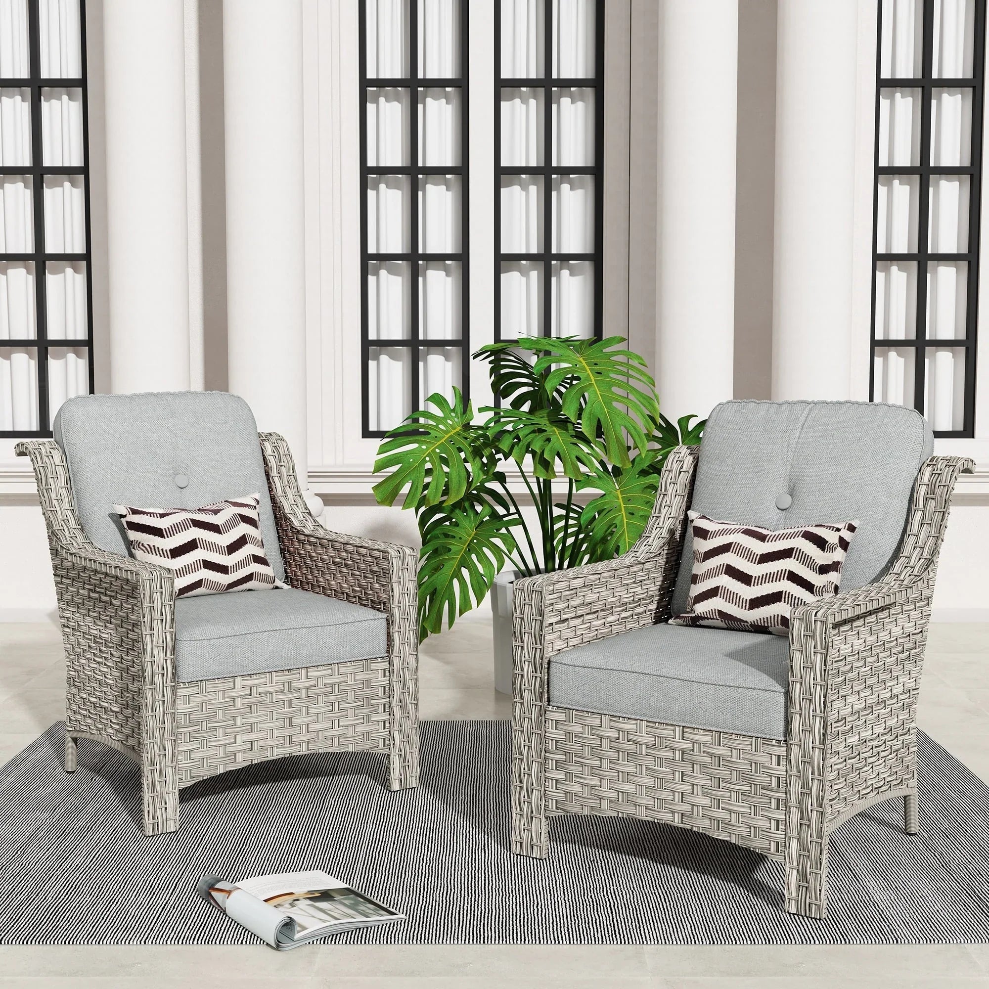 HOOOWOOO, Set di 2 Sedie da Esterno in Rattan Intrecciato con Schienale Alto